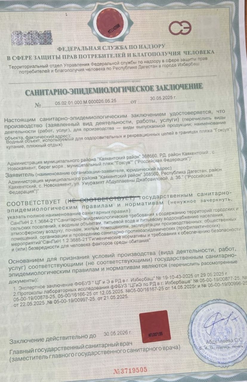 Вода на Каякентском районном пляже соответствует всем санитарным нормам