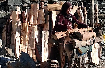 Социальный работник Тляратинского центра помогает подопечным с заготовкой дров